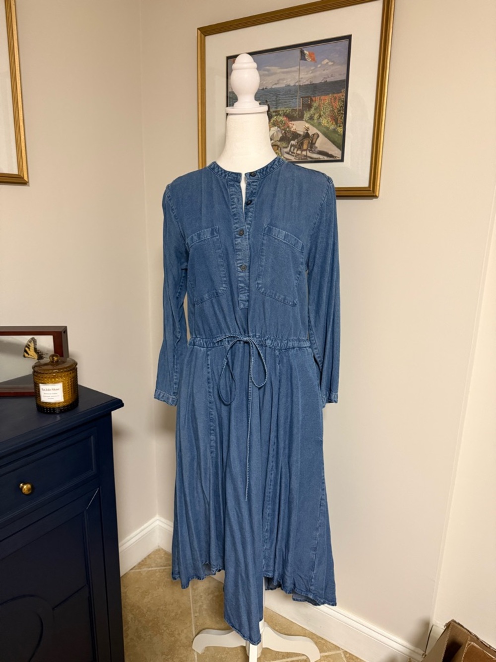 GAP vintage Casual Blue Long-Sleeve Drawstring Midi Dress